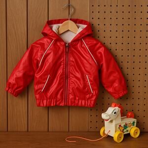 Vintage 1970s Quiltex Baby Red Nylon Windbreaker Hooded Jacket | Size 18 months